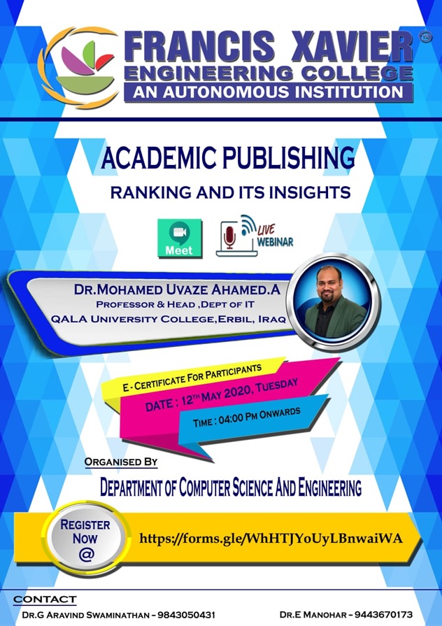 Webinar on Academic Publishing Ranking and its insights by Dr.Mohamed Uvaze Ahamed.A, Iraq