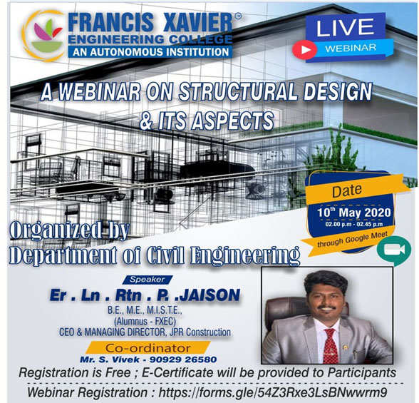 Webinar on Structural Design by Er.Ln.Rtn.P.Jaison, CEO & Managing Director, JPR Construction (Entrepreneur) Tirunelveli.