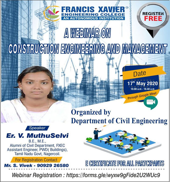 Webinar on Construction Engineering and Management by Er.V.Muthu Selvi, Alumnus, Assistant Engineer , PWD (Builder) Tamil Nadu Govt, Nagercoil.