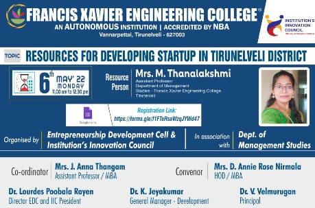 Workshop on Resources for developing startups in Tirunelveli District