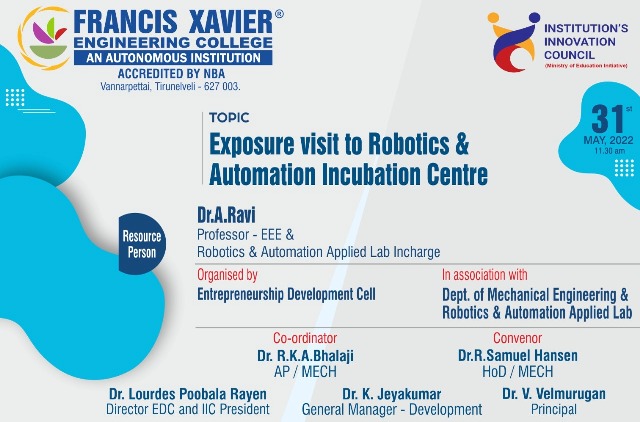 Exposure visit to Robotics & Automation Incubation Centre