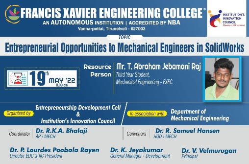  Workshop on Entrepreneurial Opportunities to Mechanical Engineers in Solidworks