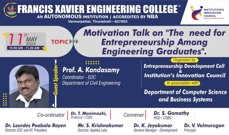 Motivation Talk on “The Need for Entrepreneurship Among Engineering Graduates”
