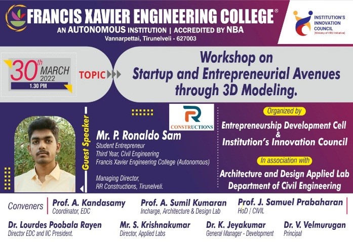 Workshop on Startup and Entrepreneurial Avenues Through 3d Modeling