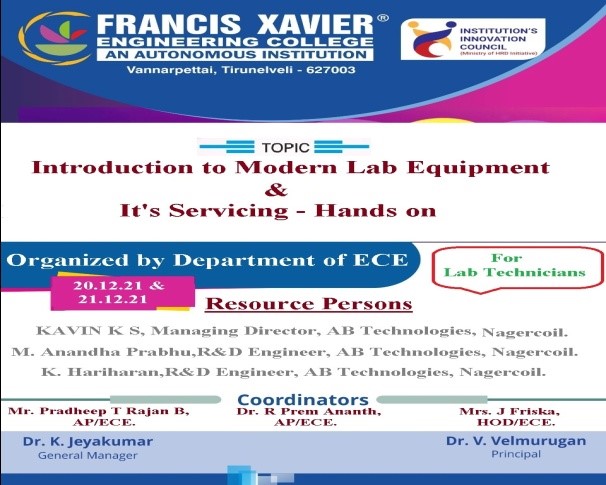 Introduction to Modern Lab Equipment & Its servicing – Hands on