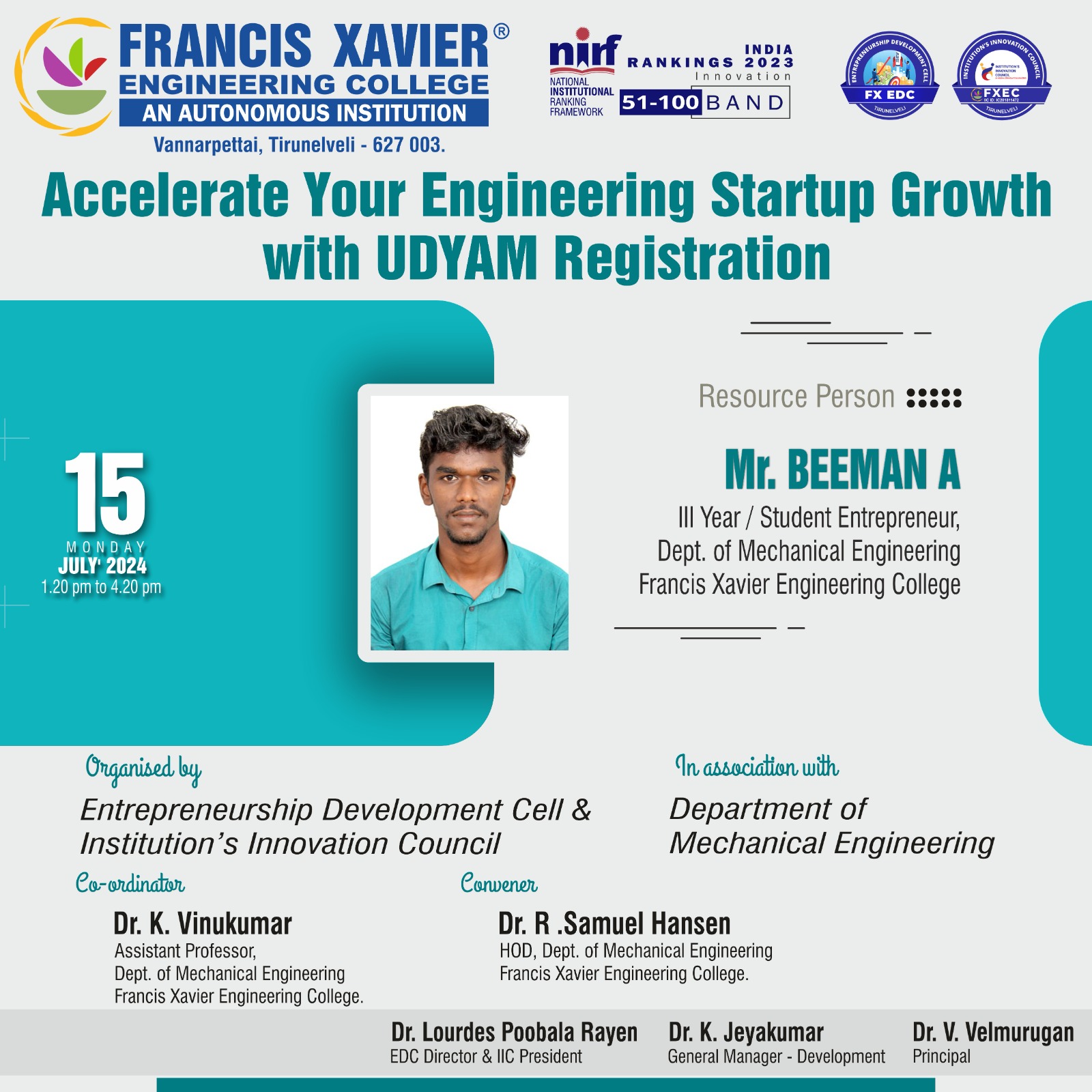 Entrepreneurship Development Cell & Institution’s Innovation Council Accelerate Your Engineering Startup Growth with UDYAM Registration  