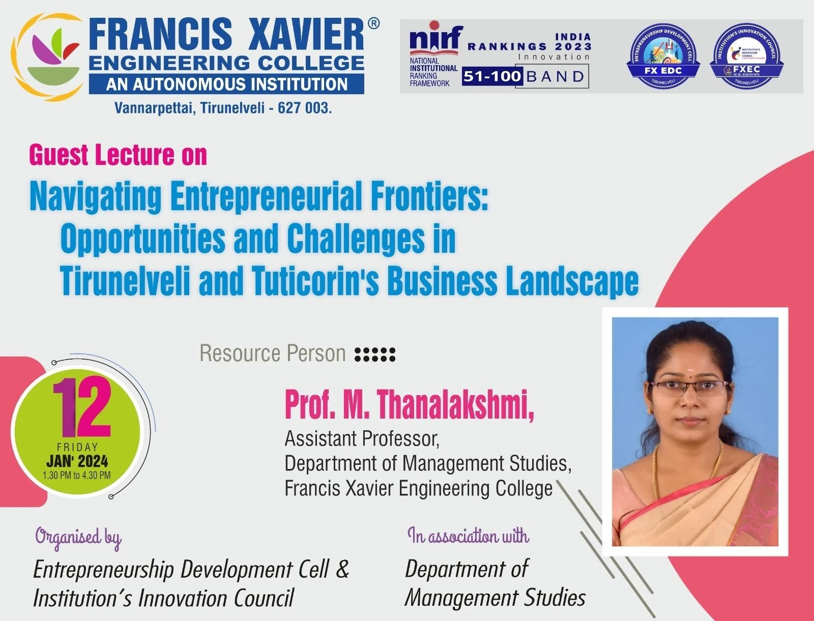  GUEST LECTURE ON NAVIGATING ENTREPRENEURIAL FRONTIERS OPPORTUNITIES AND CHALLENGES IN TIRUNELVELI AND TUTICORIN BUSINESS LANDSCAPE